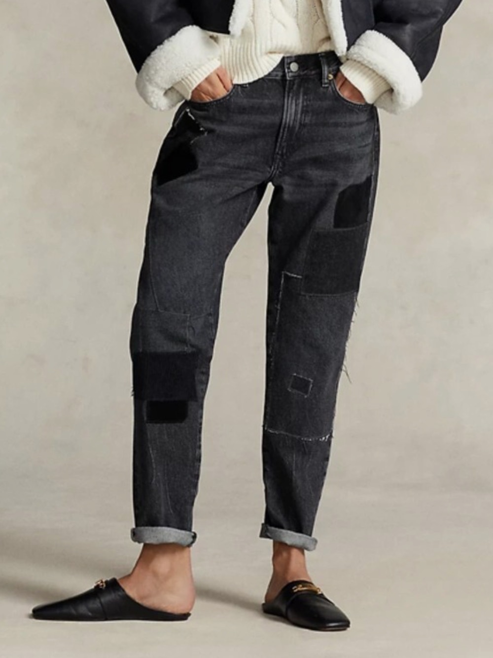 Polo Ralph Lauren Avery Boyfriend Tonal Patchwork Jeans, size 25, black